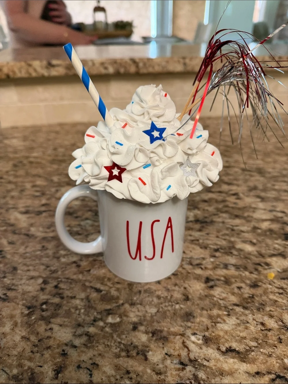 Source Unknown White Mug with Patriotic Red USA Lettering and Whipped Top